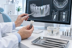Планирование имплантации зуба по 3D-снимку челюсти с моделью импланта и стоматологическими инструментами